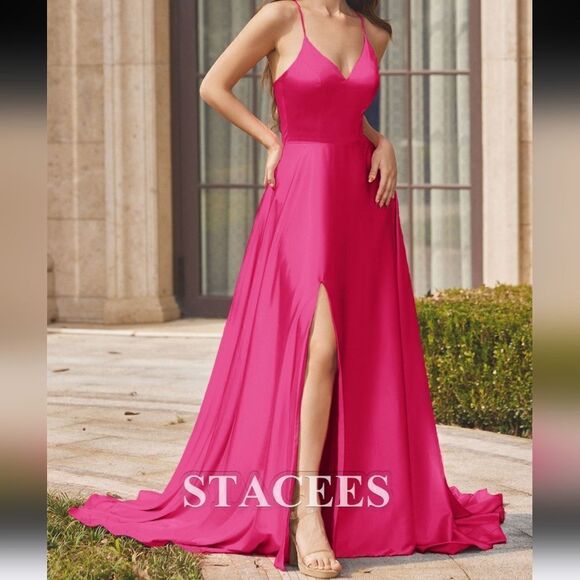 NWOT Stacees Hot Pink Satin Lace Up Back Maxi Gown Sweep Train A-Line w slit leg - Picture 1 of 12